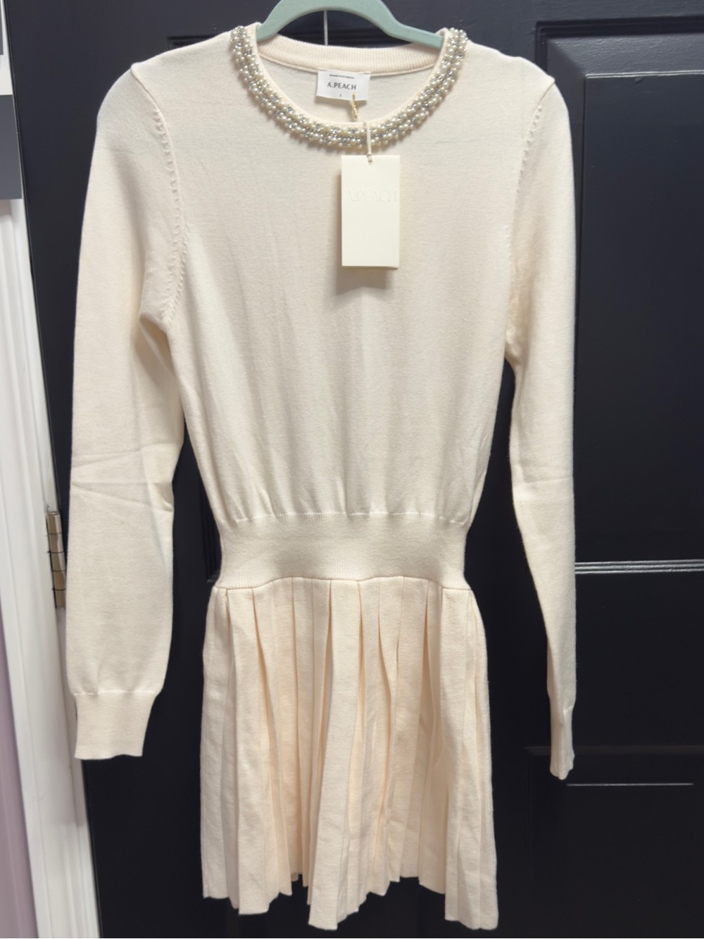 A Peach Pearl-Embellished Cream Knit Dress